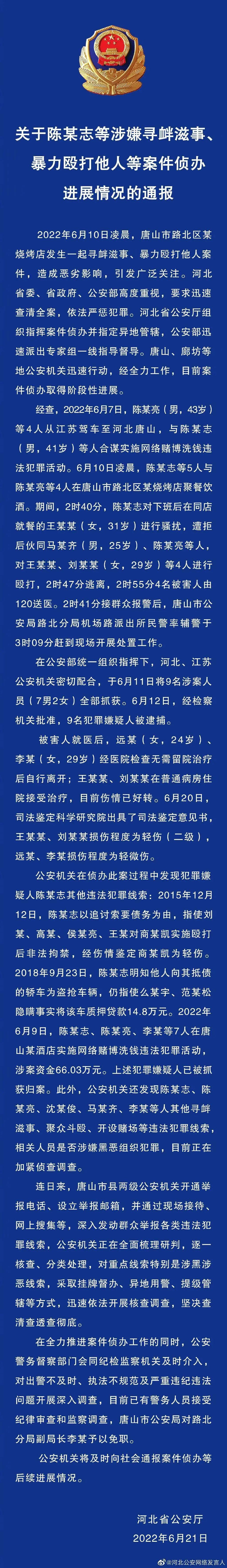 河北警方通報唐山打人案最新進展