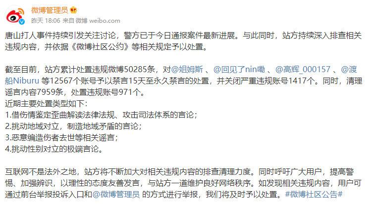 唐山打人事件微博禁言上萬違規(guī)賬號
